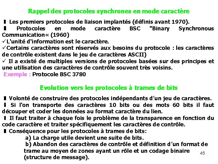 Rappel des protocoles synchrones en mode caractère ❚ Les premiers protocoles de liaison implantés