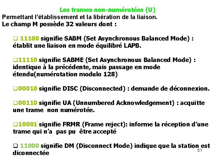 Les trames non-numérotées (U) Permettant l’établissement et la libération de la liaison. Le champ