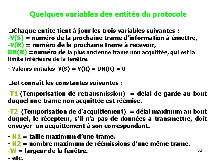 Quelques variables des entités du protocole q. Chaque entité tient à jour les trois