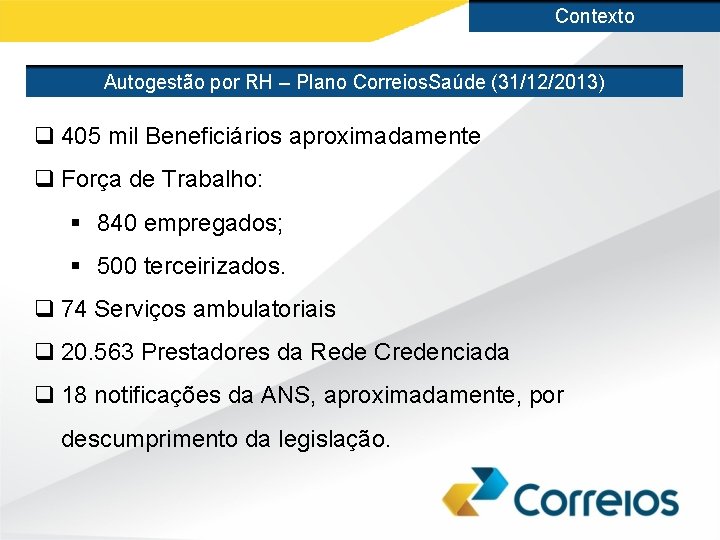Contexto Autogestão por RH – Plano Correios. Saúde (31/12/2013) q 405 mil Beneficiários aproximadamente
