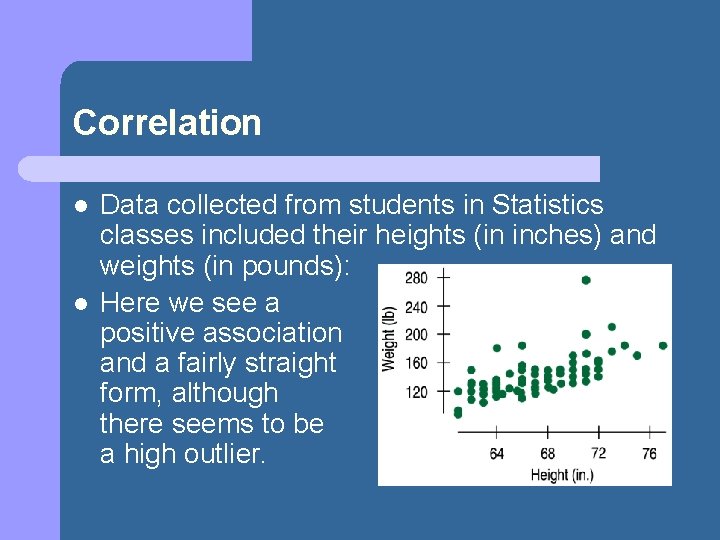 Correlation l l Data collected from students in Statistics classes included their heights (in