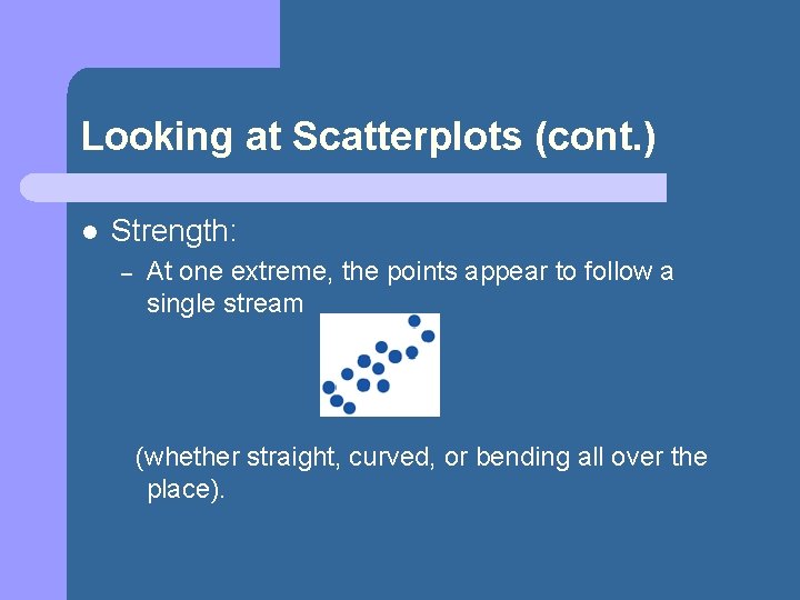 Looking at Scatterplots (cont. ) l Strength: – At one extreme, the points appear