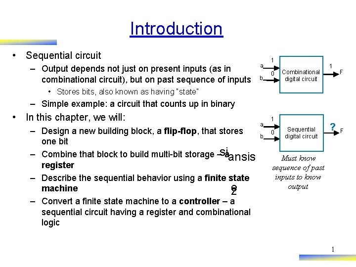 Introduction • Sequential circuit – Output depends not just on present inputs (as in