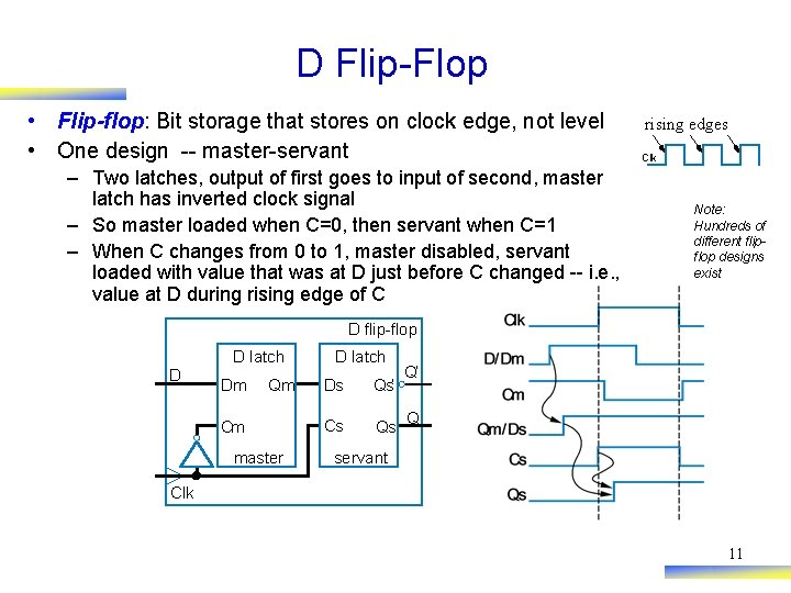 D Flip-Flop • Flip-flop: Bit storage that stores on clock edge, not level •