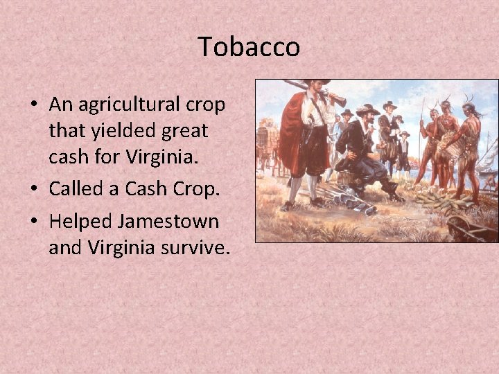 Tobacco • An agricultural crop that yielded great cash for Virginia. • Called a