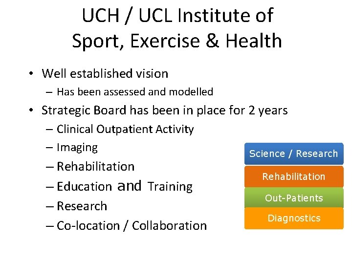 UCH / UCL Institute of Sport, Exercise & Health • Well established vision –