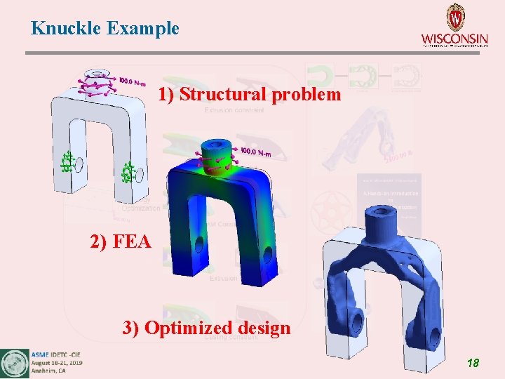 Knuckle Example 1) Structural problem 2) FEA 3) Optimized design 18 