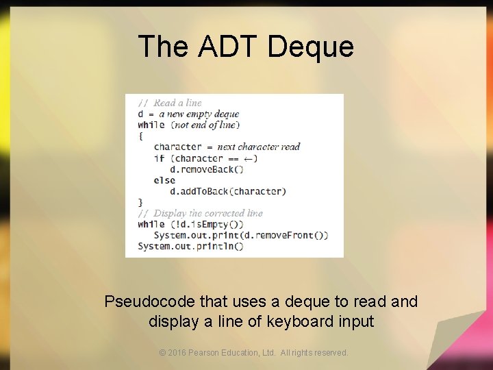The ADT Deque Pseudocode that uses a deque to read and display a line