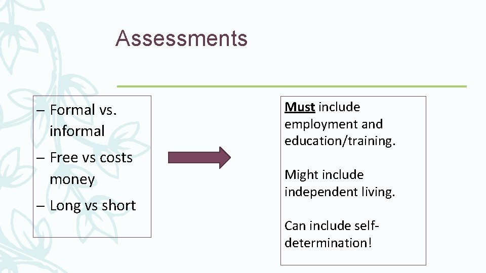 Assessments – Formal vs. informal – Free vs costs money – Long vs short