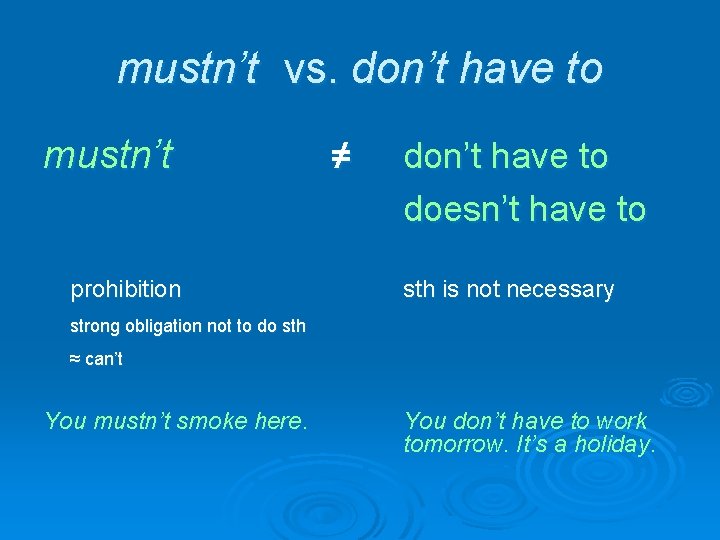 mustn’t vs. don’t have to mustn’t prohibition ≠ don’t have to doesn’t have to