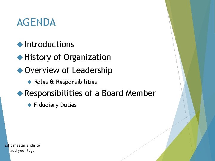 AGENDA Introductions History of Organization Overview of Leadership Roles & Responsibilities Fiduciary Duties Edit