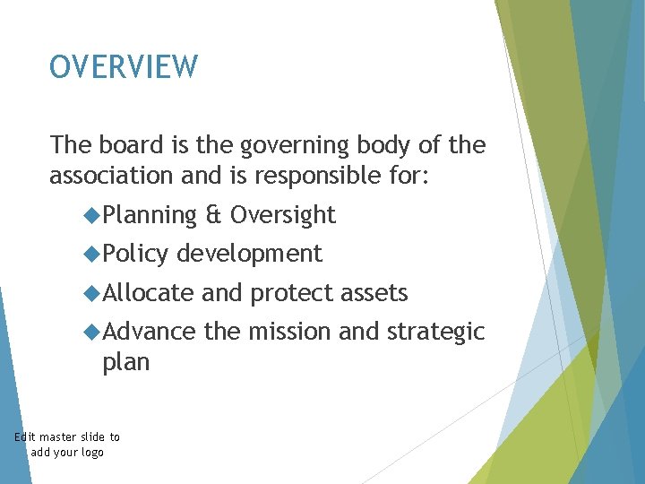 OVERVIEW The board is the governing body of the association and is responsible for: