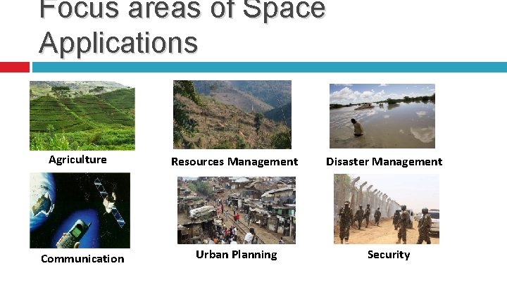 Focus areas of Space Applications Agriculture Communication Resources Management Urban Planning Disaster Management Security