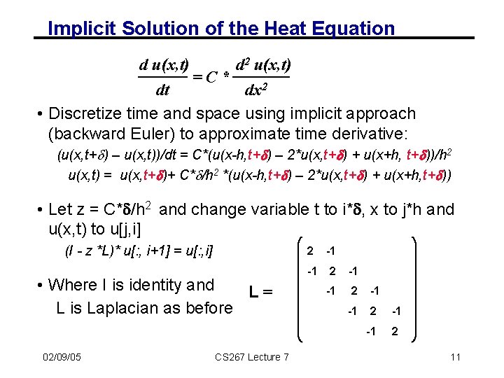 Implicit Solution of the Heat Equation d u(x, t) =C* d 2 u(x, t)