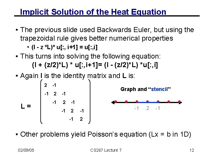 Implicit Solution of the Heat Equation • The previous slide used Backwards Euler, but