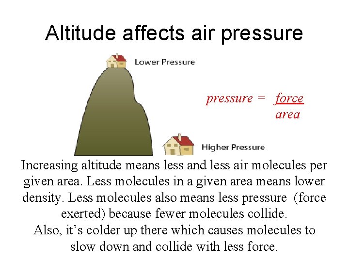 Altitude affects air pressure = force area Increasing altitude means less and less air