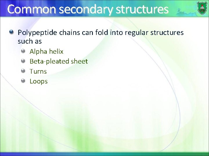 Common secondary structures Polypeptide chains can fold into regular structures such as Alpha helix