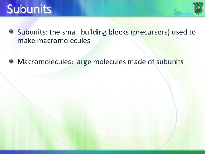 Subunits: the small building blocks (precursors) used to make macromolecules Macromolecules: large molecules made