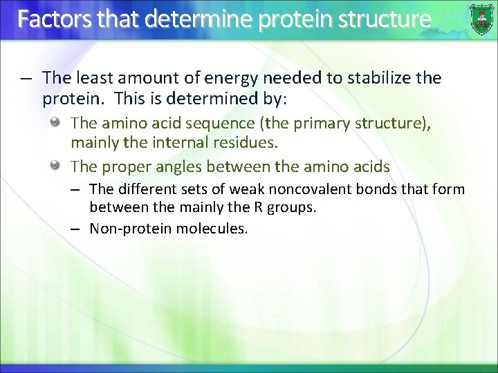 Factors that determine protein structure – The least amount of energy needed to stabilize