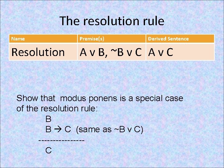 The resolution rule Name Premise(s) Derived Sentence Resolution A v B, ~B v C