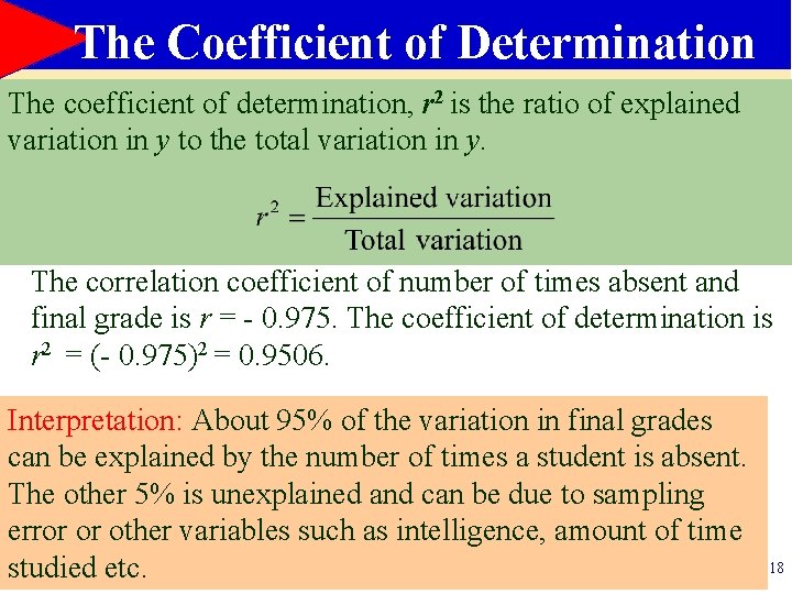 The Coefficient of Determination The coefficient of determination, r 2 is the ratio of