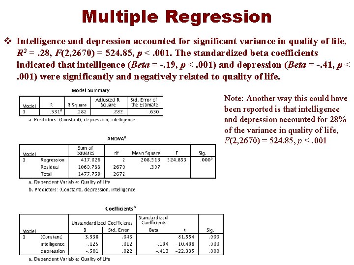 Multiple Regression v Intelligence and depression accounted for significant variance in quality of life,