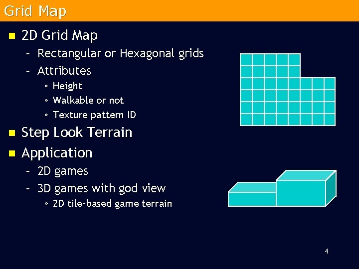 Grid Map n 2 D Grid Map – Rectangular or Hexagonal grids – Attributes