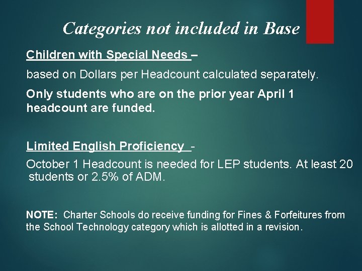 Categories not included in Base Children with Special Needs – based on Dollars per