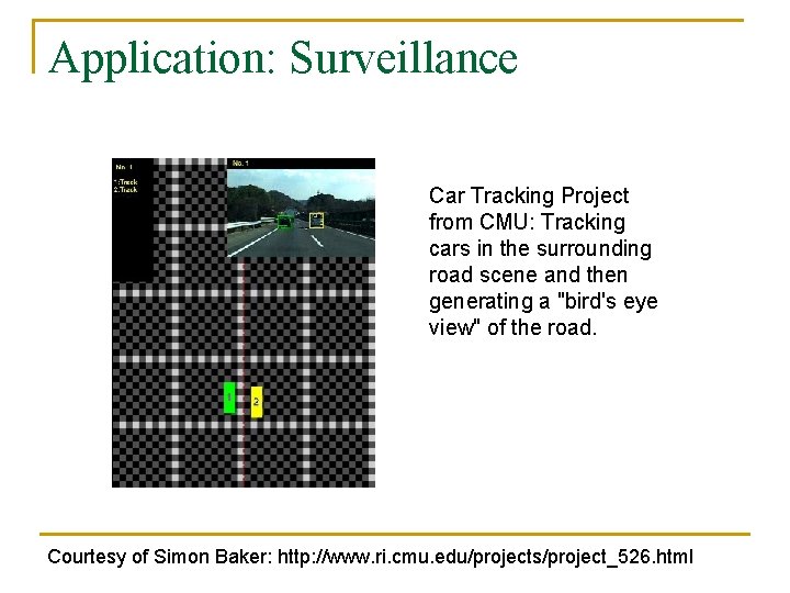 Application: Surveillance Car Tracking Project from CMU: Tracking cars in the surrounding road scene