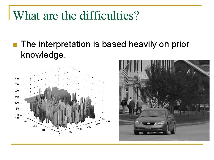 What are the difficulties? n The interpretation is based heavily on prior knowledge. 