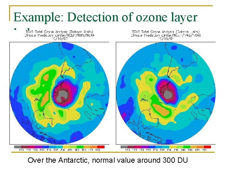 Example: Detection of ozone layer hole Over the Antarctic, normal value around 300 DU