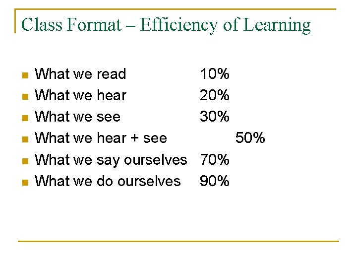 Class Format – Efficiency of Learning n n n What we read What we