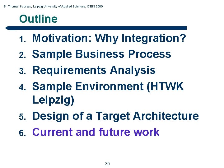 © Thomas Kudrass, Leipzig University of Applied Sciences, ICEIS 2006 Outline 1. 2. 3.