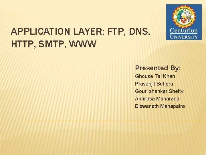 APPLICATION LAYER: FTP, DNS, HTTP, SMTP, WWW Presented By: Ghouse Taj Khan Prasanjit Behera