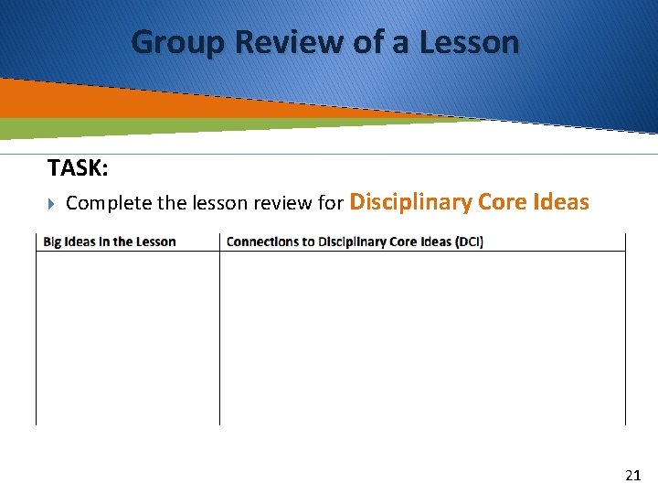 Group Review of a Lesson TASK: Complete the lesson review for Disciplinary Core Ideas