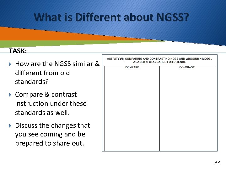 What is Different about NGSS? TASK: How are the NGSS similar & different from