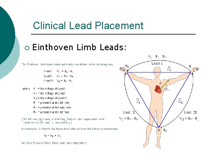 Clinical Lead Placement ¡ Einthoven Limb Leads: 