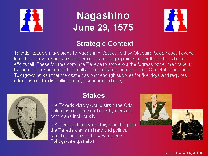 Nagashino June 29, 1575 Strategic Context Takeda Katsuyori lays siege to Nagashino Castle, held