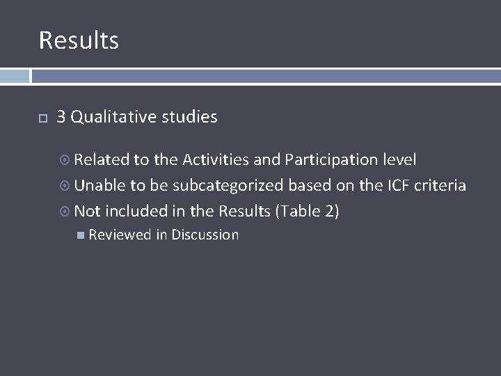 Results 3 Qualitative studies Related to the Activities and Participation level Unable to be