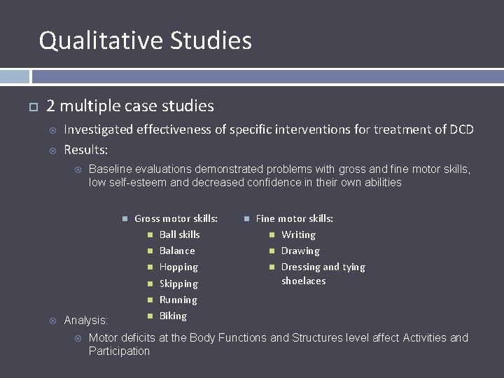 Qualitative Studies 2 multiple case studies Investigated effectiveness of specific interventions for treatment of