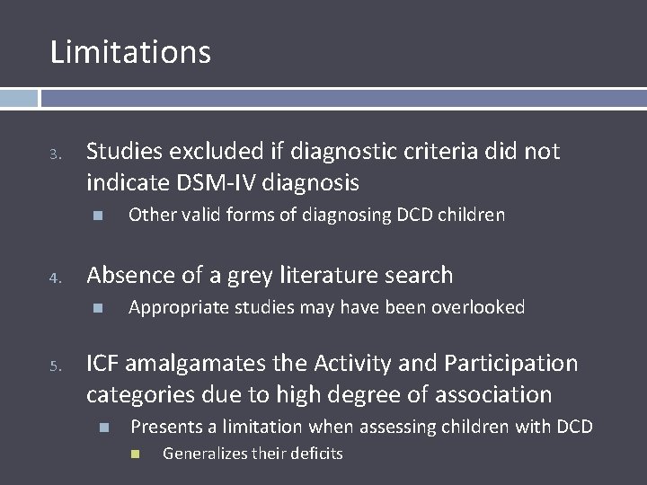 Limitations 3. Studies excluded if diagnostic criteria did not indicate DSM-IV diagnosis 4. Absence