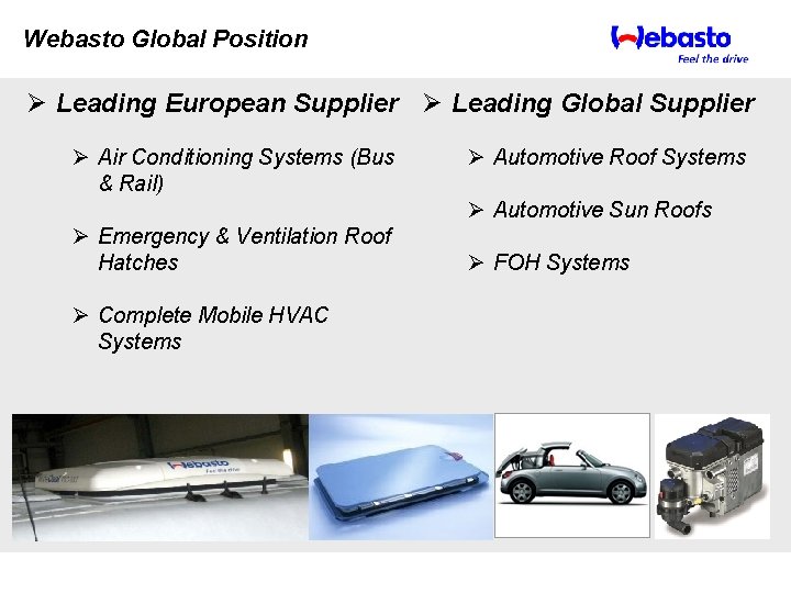 Webasto Global Position Ø Leading European Supplier Ø Leading Global Supplier Ø Air Conditioning