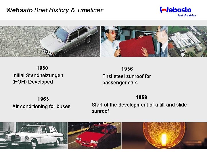 Webasto Brief History & Timelines 1950 Initial Standheizungen (FOH) Developed 1965 Air conditioning for