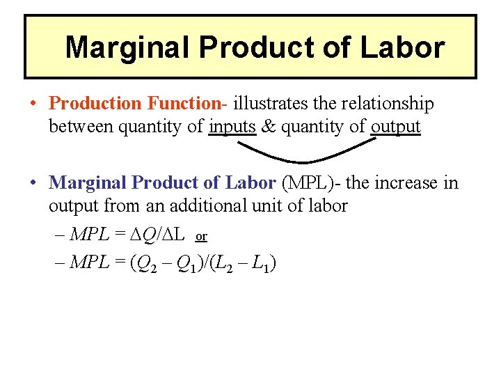 Marginal Product of Labor • Production Function- illustrates the relationship between quantity of inputs