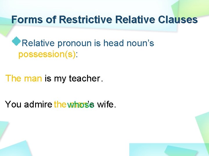 Forms of Restrictive Relative Clauses Relative pronoun is head noun’s possession(s): The man is Forms of Restrictive Relative Clauses Relative pronoun is head noun’s possession(s): The man is
