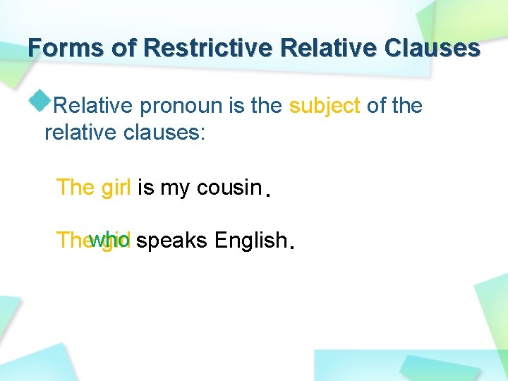 Forms of Restrictive Relative Clauses Relative pronoun is the subject of the relative clauses: Forms of Restrictive Relative Clauses Relative pronoun is the subject of the relative clauses: