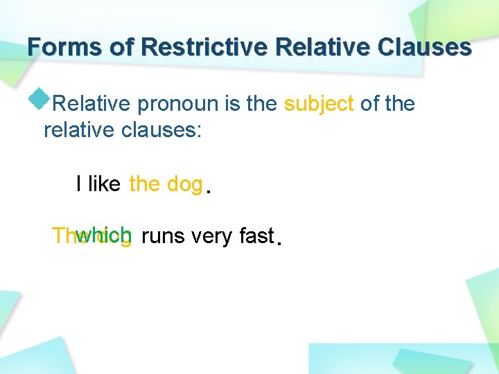 Forms of Restrictive Relative Clauses Relative pronoun is the subject of the relative clauses: Forms of Restrictive Relative Clauses Relative pronoun is the subject of the relative clauses: