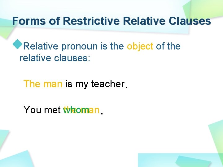 Forms of Restrictive Relative Clauses Relative pronoun is the object of the relative clauses: Forms of Restrictive Relative Clauses Relative pronoun is the object of the relative clauses: