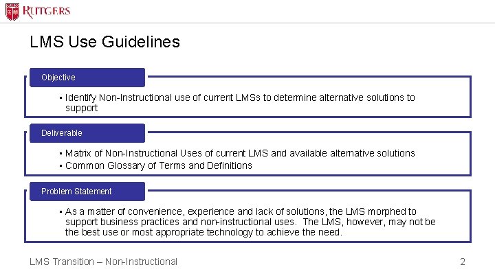 LMS Use Guidelines Objective • Identify Non-Instructional use of current LMSs to determine alternative