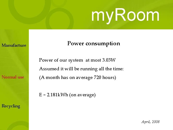 my. Room Manufacture Power consumption Power of our system at most 3. 03 W